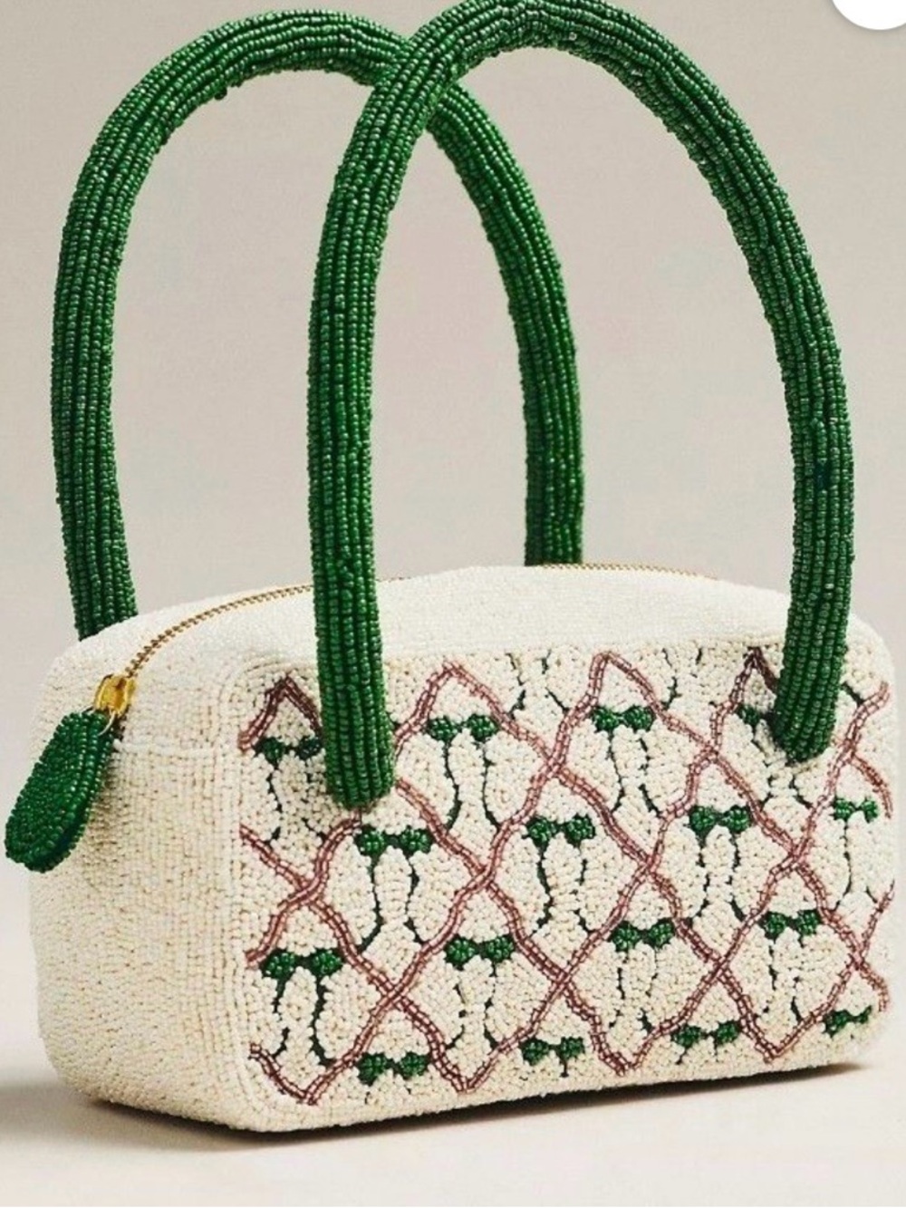 NWOT!  Anthropologie White Beaded Square Bag‎ Green Bows Handles